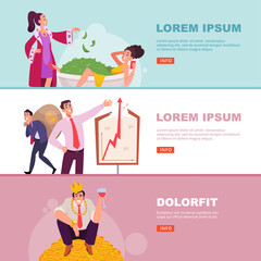 Successful people. banners with rich happy characters with money