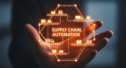 Supply chain automation concept with glowing network diagram held in a hand