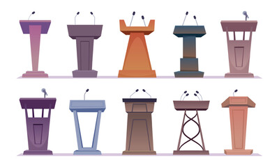 Naklejka premium Podiums. Conference tribunes with set of microphone for present speakers exact vector cartoon templates