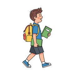 Young student with backpack and books walking confidently on school day with cheerful expression