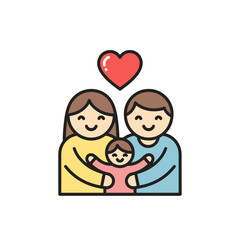 Adorable cartoon family of three with a love heart symbol emphasizing family bonds and happiness