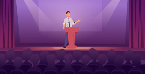 Business speaker. Male standing on podiums and speaking in microphone exact vector business conversation