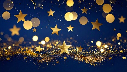 Golden stars, sparkling glitter, and festive bokeh lights on a deep blue background.