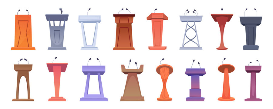 Podiums. Wooden and steel tables tribunes and podiums for business speakers exact vector illustrations