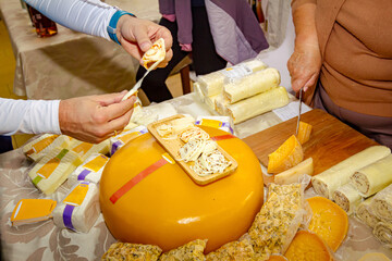 Various cheeses on the counter for sale