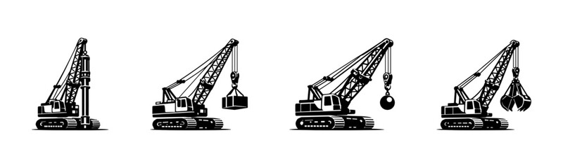 Construction equipment collection, cranes and machinery, flat vector illustration