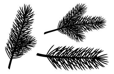 Pine tree branch silhouettes set with fir needles for winter christmas decoration