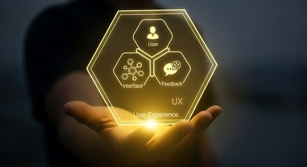 Hand holding a glowing hexagonal interface with icons representing user experience, strategy, and technology