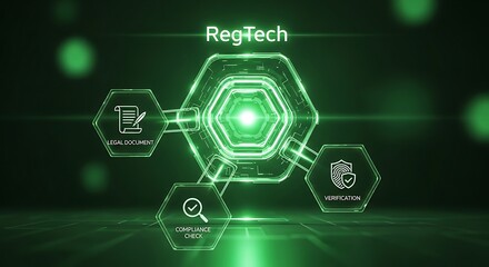 Regtech concept with hexagonal icons representing compliance, search, and security in a digital network