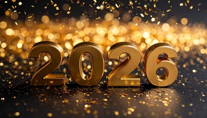 Golden 2026 Numbers with Sparkling Confetti and Bokeh Lights on Black Background for New Year's Celebration