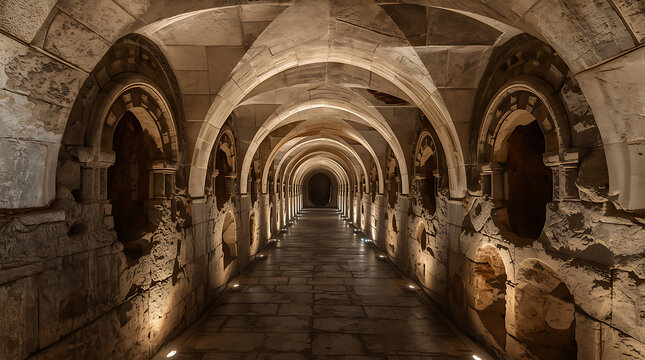 An ancient stone tunnel known as a catacomb features an arched ceiling and carved wall niches, and is relevant to real-estate listings and architecture portfolios designed for showcasing luxury reside - Powered by Adobe