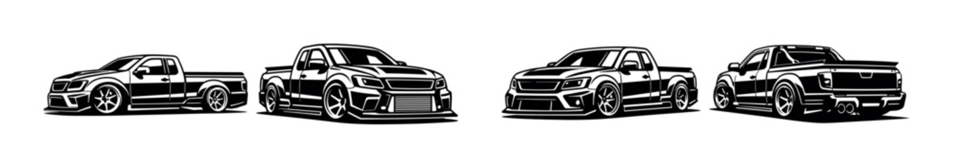 Fototapeta premium Pickup truck collection, flat vector illustration, silhouette, transport designs