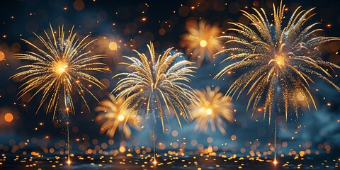 Panoramic View of Vibrant Golden Fireworks Display Against a Dark Sky