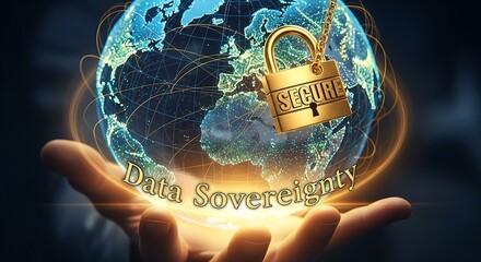 Data sovereignty concept with a glowing earth held in a hand and a golden padlock symbolizing security
