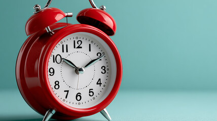 Vintage red alarm clock on a teal background, symbolizing time.