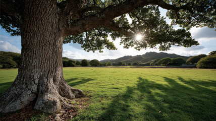 Large oak tree in a sunlit grassy field.
