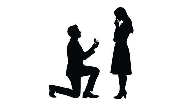 Silhouette of a man proposing marriage on one knee to a surprised woman holding her hand to her mouth