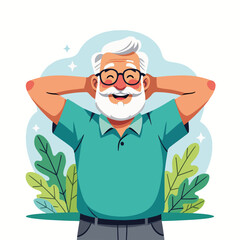 Cartoon illustration of a happy grandfather relaxing. Elderly man enjoying retirement and a healthy lifestyle. Senior citizen character design