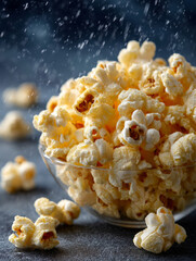 A bowl of popcorn with scattered kernels around.