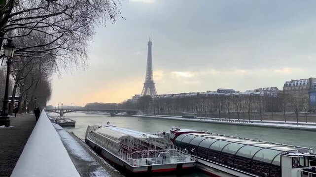 View of the Eiffel Tower and boats along the Seine River in Paris during winter at dusk