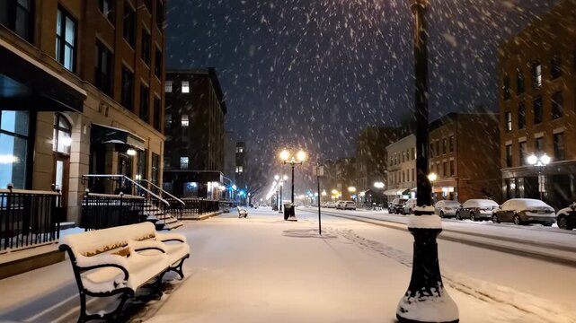 Snowy night urban scene with falling snowflakes illuminating street lamps, snow-covered benches, and parked cars lining a quiet city street, creating a serene winter atmosphere under a dark sky
