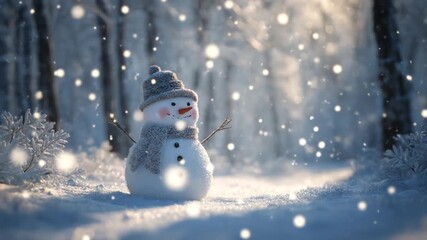 Snowman with scarf and hat stands in a frosty forest under softly glowing snowfall with pale glow!!! - Powered by Adobe