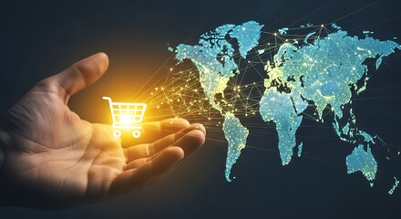 Hand holding a glowing shopping cart icon with a world map made of lights in the background, symbolizing global ecommerce