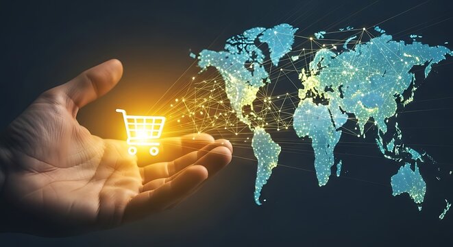 Hand holding a glowing shopping cart icon with a world map made of lights in the background, symbolizing global ecommerce - Powered by Adobe