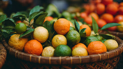 Vibrant assortment of citrus fruits including oranges, lemons, and limes arranged in a woven basket, showcasing fresh produce with lush green leaves and a rustic market atmosphere