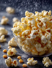 Bowl of popcorn with scattered kernels on a textured surface.