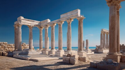 Fototapeta premium Ancient architectural columns with bright sunlight and open sky background