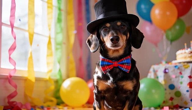 Dachshund dog wearing a top hat and bow tie at a birthday party celebration dog dachshund birthday, festive.