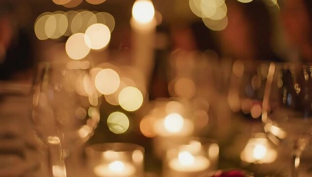 Romantic Dinner Table Setting with Candles and Bokeh Lights.