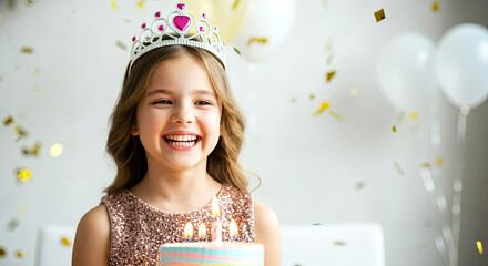 Young girl with a birthday crown smiles joyfully while holding a colorful cake with candles, surrounded by festive decorations and confetti, celebrating a special occasion
