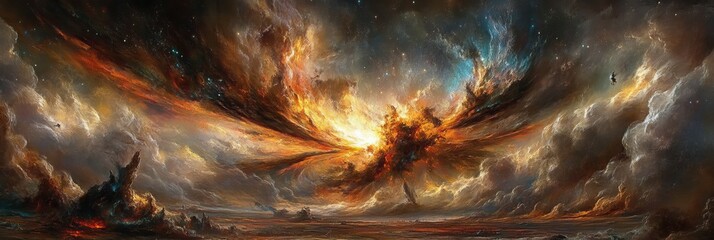 Stunning Cosmic Eruption Sky Painting with Fiery Heavens and Vibrant Cloudscape Landscape Art