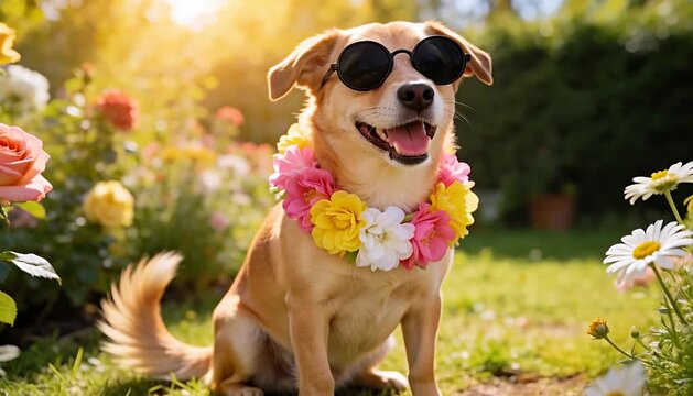 Happy dog wearing sunglasses and flower lei in garden sunny day joy, outdoor fun photography, outdoors.