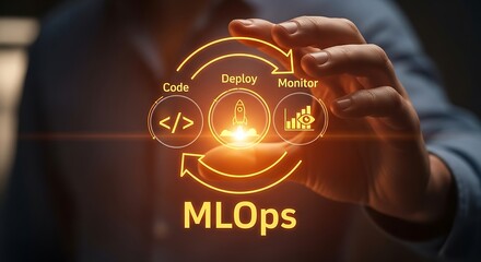 Persons hand interacting with a glowing orange cycle of code, deploy, monitor, and mlops