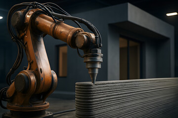 3D Printing in Progress: An industrial robot arm meticulously crafts a structure through 3D printing, showcasing innovation and precision in modern manufacturing.