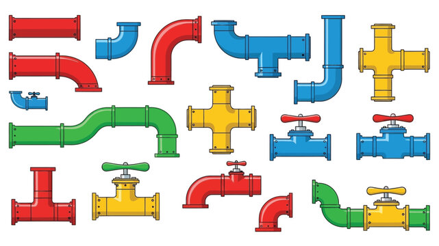 Colorful collection of various pipe fittings and valves displayed in a grid