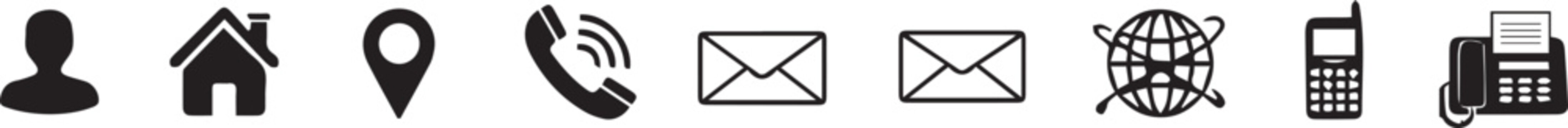Contact icons set with various symbols in simple black and white design