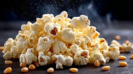 Freshly popped popcorn with scattered kernels on dark surface.