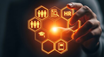 Fototapeta premium Human resources icons in honeycomb structure held by a hand