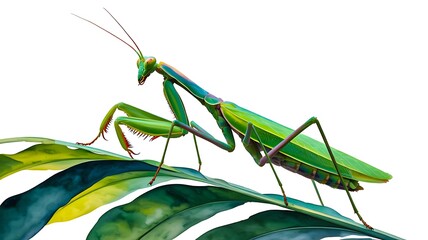 Green praying mantis insect on fresh leaves illustration
