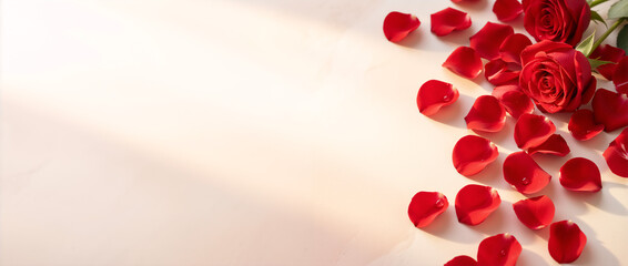 A romantic banner with red rose petals and water drops on a light background. Valentine's Day or anniversary concept with copy space for text
