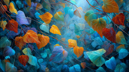 Colorful leaves in vibrant hues of orange, blue, and green are cascading down from branches, creating a stunning visual display in a dreamy, atmospheric environment