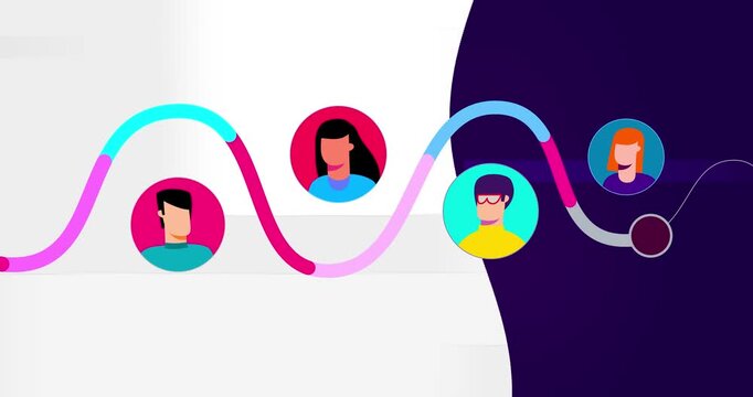Four human heads animated with color sinusoid dark to light. Men and women heads with gestures moves in color circles. Motion design video business explainer style info graphic moving illustration.