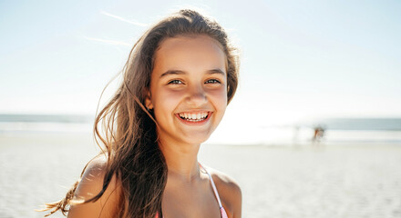 Young girl with long hair smiling brightly at the beach, enjoying a sunny day, with soft sand and ocean waves in the background, capturing joy and carefree moments