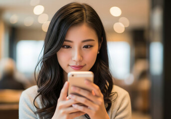 ちょっと微笑みながらスマホを見つめ操作する女性