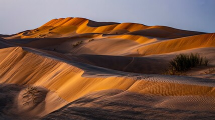 Golden sand dunes desert landscape under warm sunlight
