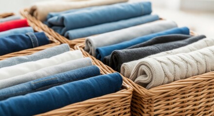 Neatly folded clothes organized in wicker baskets. Tidy closet storage system with jeans and sweaters for home organization and decluttering